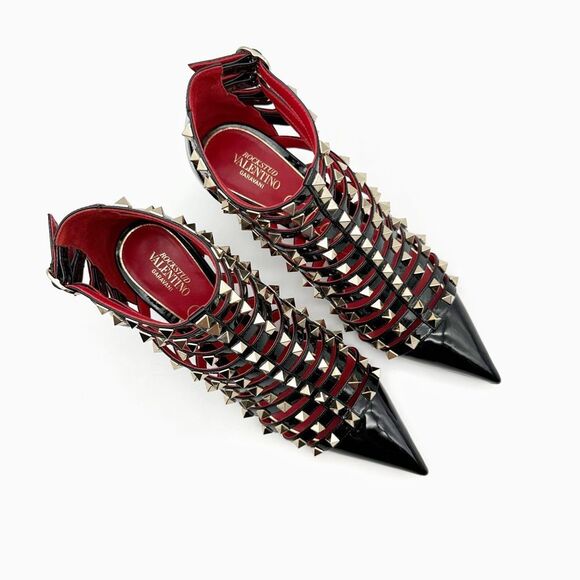 VALENTINO Rockstud Alcove Black Leather Boot Size 38 Pointed Toe Kitten Stiletto - Picture 3 of 11